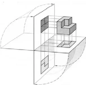 Figura 05: Esquema das projeções horizontal e vertical de um objeto no plano.  Fonte: http://www.colegiocatanduvas.com.br/desgeo/projecoes/projeort05.gif 