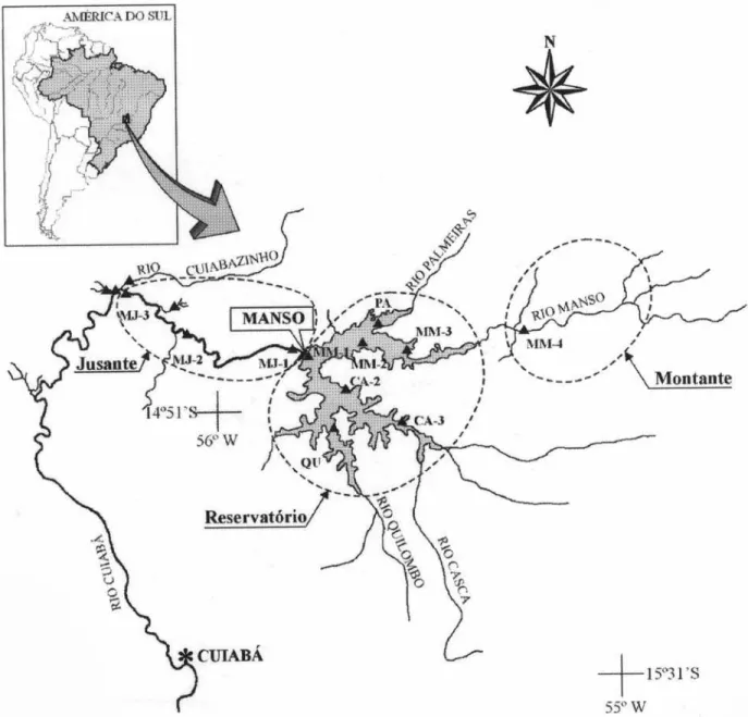 Fig. 2. Localização das estações de amostragem no reservatório de Manso, Mato Grosso, à montante e à jusante.