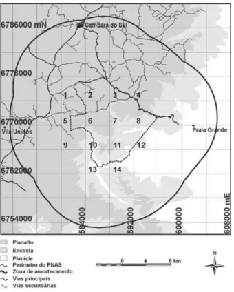 Fig. 1. Parque Nacional dos Aparados da Serra, sul do Brasil, com a delimitação das unidades amostrais (números 1 - 14)