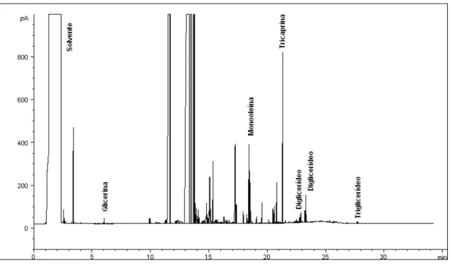 Figura 5.1. Cromatograma de um biodiesel de soja analisado na coluna capilar, com  dimensões 30m x 0,25mm x 0,1µm 