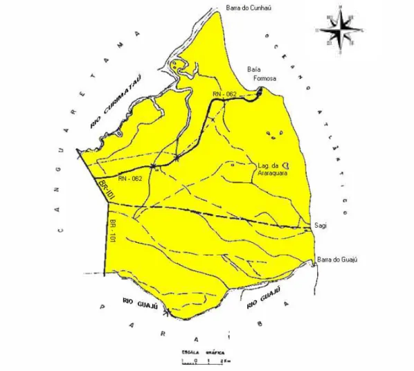 FIGURA 07: Mapa do município de Baía Formosa mostrando as duas principais vias de transportes que dão acesso à cidade (BR-101 e RN-062), as indicações dos limites de município, e os seus dois rios principais (Curimataú/Cunhaú e Guajú).