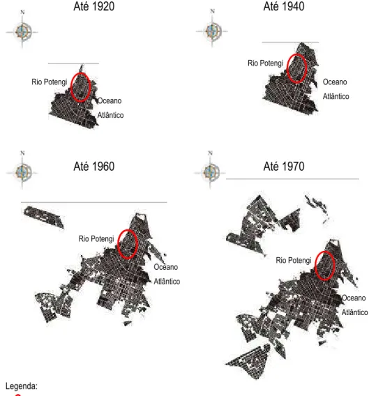 Figura 8: Expansão da cidade do Natal entre as décadas de 1920 e 1970, a partir da mancha urbana  original