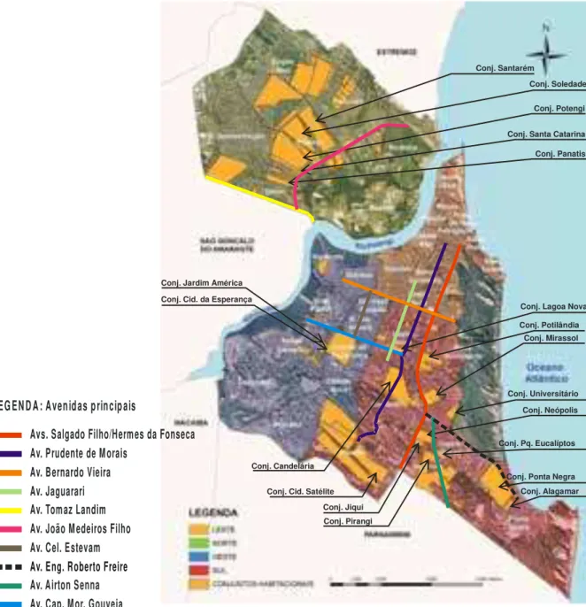 Figura 37: Mapeamento dos principais conjuntos habitacionais e eixos viários.  Fonte: Elaboração a partir de mapa da SEMURB.