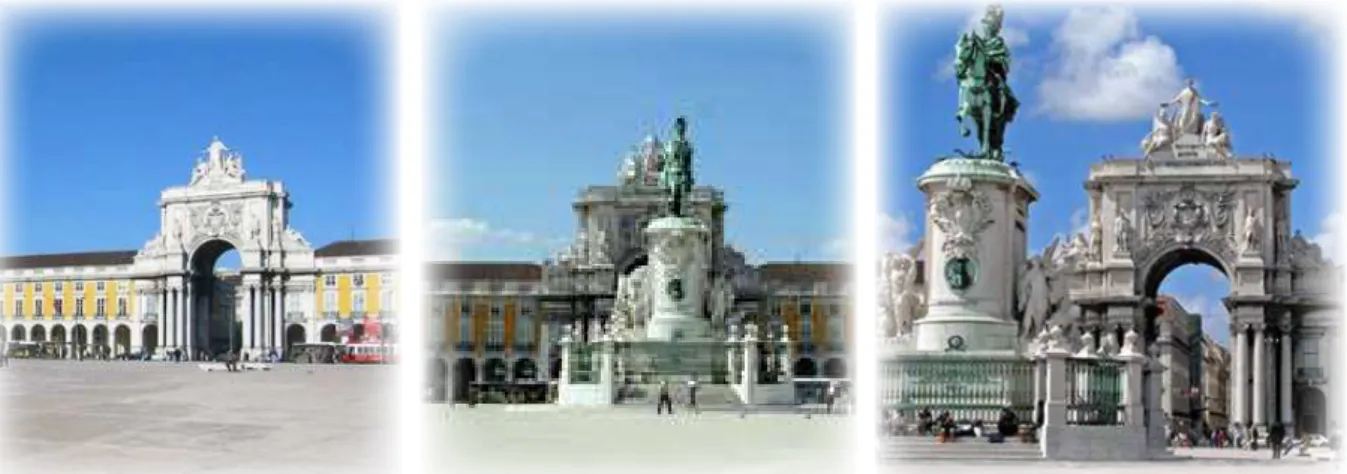 Figura 5 – Imagens do Arco do Triunfo, do edifício em forma de ferradura e da estátua equestre