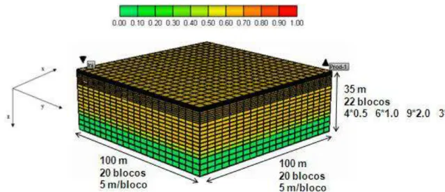 Figura 4. 1. Saturação inicial de óleo, dimensões do modelo físico, localização dos poços e  refinamento da malha