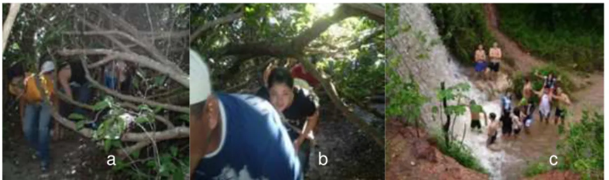 Figura  05  -  Em  (a)  vivências  ecopoiéticas  realizadas  em  trilha  sensorial  no  Parque  das  Dunnas  –  Natal/RN,  em  (b)  detalhe  da  trilha  sensitiva  e  em  (c)  brincadeiras  na  queda 