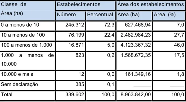 Tabela 06 - Estabelecimentos rurais por classe de área em hectares, Ceará 1995-1996