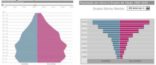 Figura 06: Ilustrações da Pirâmide Etária Absoluta e estimativa do número de indivíduos com  idade igual ou superior a 60 anos, homens e mulheres, entre os anos de 1980 e 2050