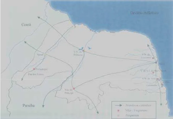 FIGURA 2.3: Capitania do Rio Grande: primitivos caminhos e primeiras vilas e freguesias – séc