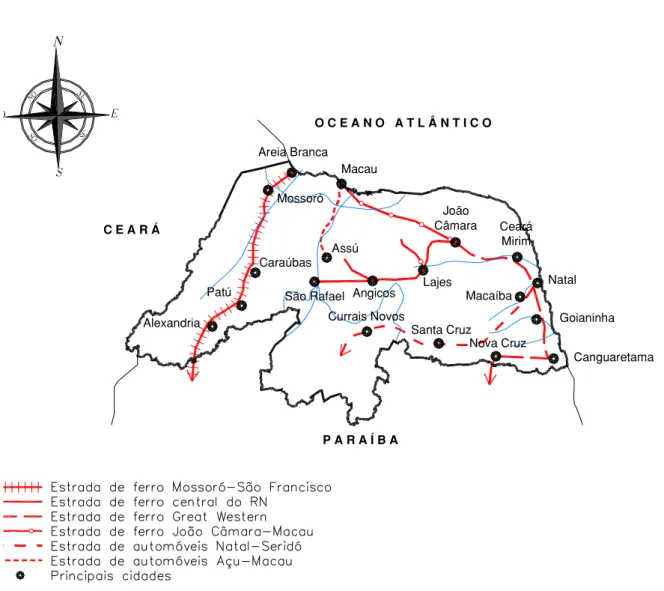 FIGURA 2.5: Principais estradas de ferro e rodovias no RN, cuja construção iniciou-se no período 1880-
