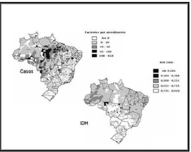 Figura 6 - Distribuição dos casos de hanseníase no Brasil e o IDH das regiões. As regiões com  maiores taxas de prevalência (Norte e Centro-Oeste) são as que apresentam os menores índices de  desenvolvimento do país