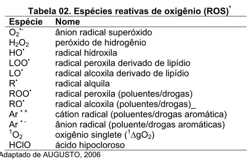 Tabela 02. Espécies reativas de oxigênio (ROS) *