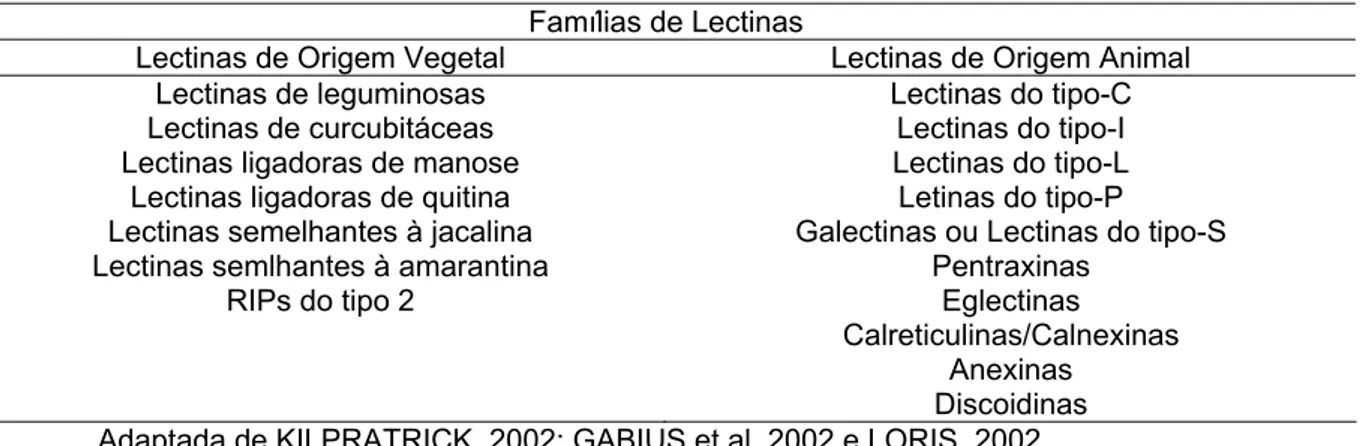 Tabela 2 -  Classificação das lectinas baseada na especificidade de ligação aos carboidratos,  homologia de estruturas primárias e relação evolutiva