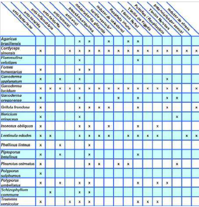 TABELA 01: Correlação entre diferentes espécies de fungos e seus alvos terapêuticos  (www.fungiperfecti.com)
