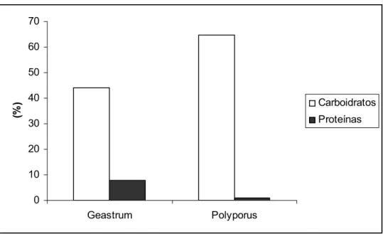 Figura 06: Percentual dos constituintes proteínas e carboidratos dos extratos de fungos G.