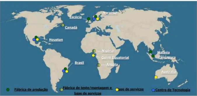 Figura 14: Distribuição das fábricas, base de serviços e centros de tecnologias da FMC no mundo