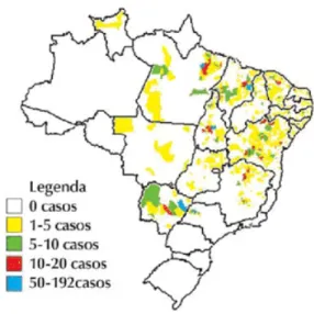 Figura 5: Distribuição de casos autóctones de Leishmaniose Visceral, segundo município, Brasil 2002