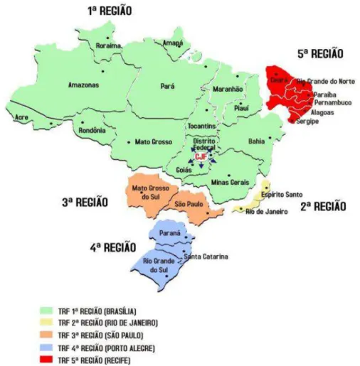 Figura 1: Mapa geográfico da Justiça Federal.  Fonte: BRASIL, 2012. Conselho da Justiça Federal