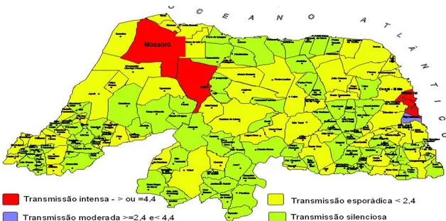 Figura 3. Transmissão de LV humana no Rio Grande do Norte, de acordo com a média de  casos humanos por município, no período de 2008 a 2010