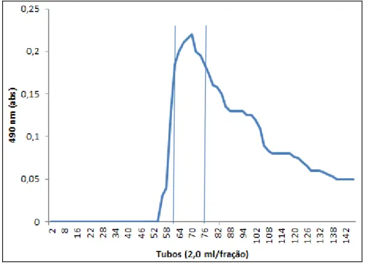 Figura 9: Perfil de eluição de SV1 em cromatografia de gel filtração Sepharose CL-4B. Cerca de 