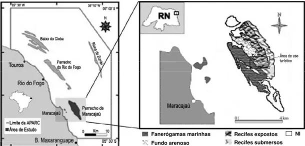 Figura 1: Localização da APARC e destaque para a área do complexo recifal do Parracho de  Maracajaú e os diferentes tipos de ambientes