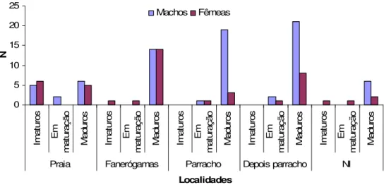 Figura 11: Exemplares de D. marianae capturados pela pesca nas localidades: praia,  fanerógamas, parracho, depois do parracho e NI (não identificado)
