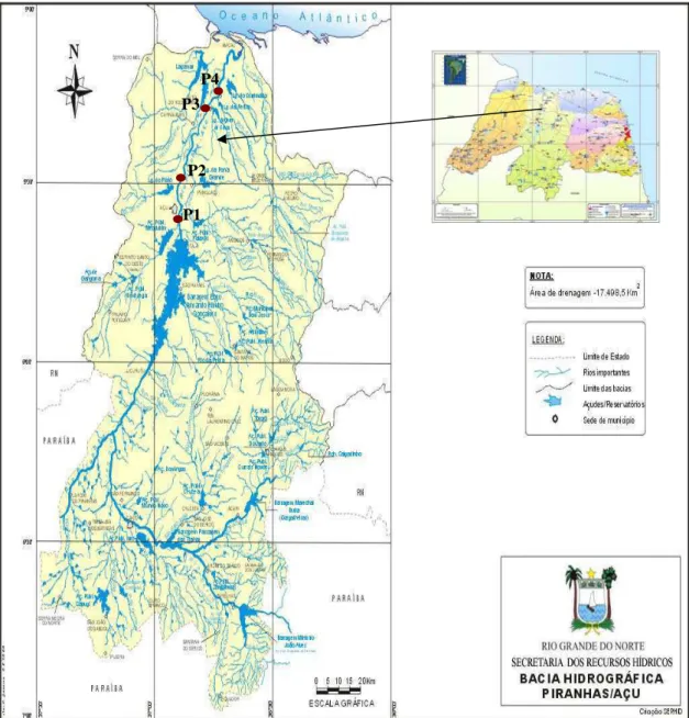 Figura 01 – Mapa de Localização da Bacia Hidrográfica Piranhas – Açu/RN e dos postos de coleta (P1 –  Ponto próximo à Açu, P2 – proximidade de Ipanguaçu, P3 – Ponto a jusante de Alto do Rodrigues e P4 –  Ponto próximo à Pendências)