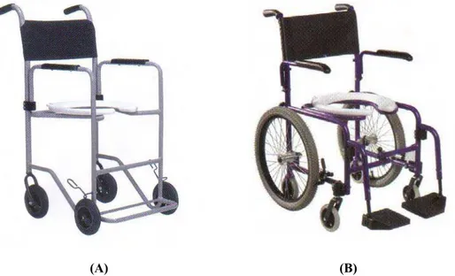 Figura 2-2  Cadeiras de banho em alumínio tamanho adulto: (A) estrutura fixa  e  (B) estrutura dobrável com  fechamento em “X”.