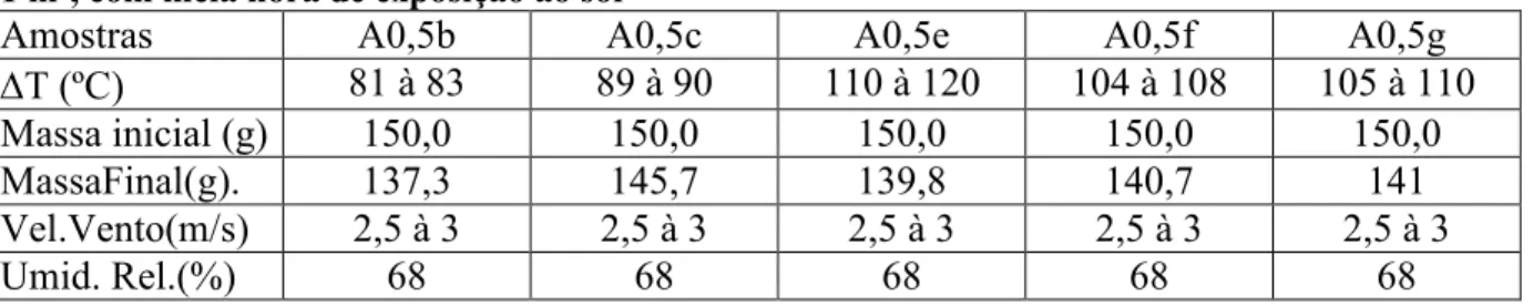 Tabela 5.2: Dados referentes à secagem da torta de mamona em secador solar com concentrador de 1 m 2 , com meia hora de exposição ao sol