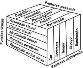 Figura 1- Dimensões e componentes do funcionamento visual. Traduzido e adaptado de Corn &amp;  Koening, 1996