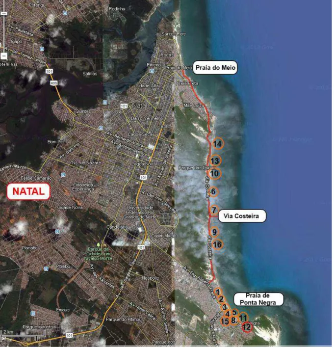 Figura 3 - Vista aérea do litoral sul da cidade de Natal com a distribuição dos hotéis estudados na  pesquisa