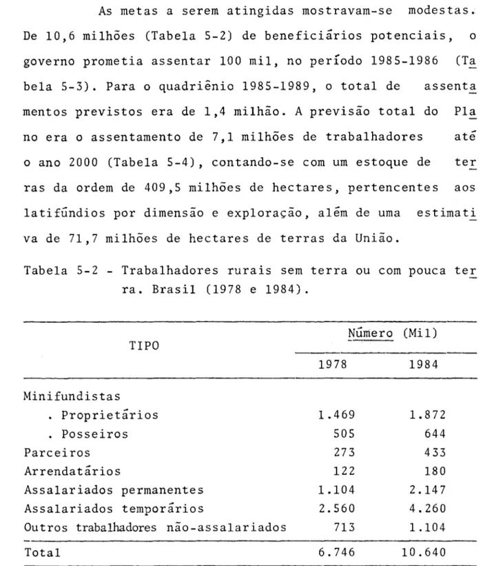 Tabela  5-2  - Trabalhadores  rurais  sem  terra  ou  com  pouca  ter  ra.  Brasil  (1978  e  1984)