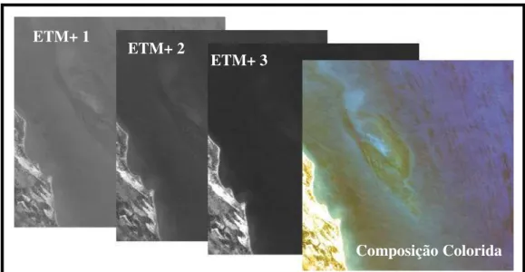 Figura 2.4 – Composição colorida de imagens ETM+ (Canal B → Banda 1, Canal G →  Banda 2 e Canal R → Banda 3), relativa à área do baixo de Maracajaú