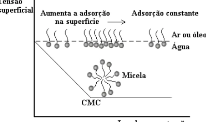 Figura 3. Gráfico da tensão superficial versus o Log da concentração de tensoativo para  determinação da CMC
