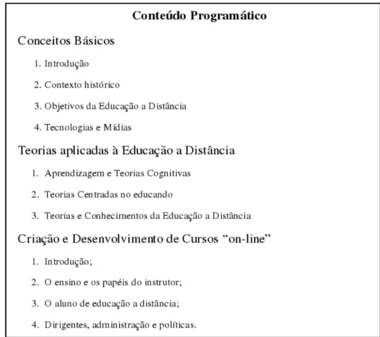 Figura 4.2: Exemplo de um Conteúdo Programático utilizado em uma Disciplina de Educação a Distância