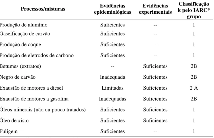 Tabela 2.3. Evidências de carcinogenicidade e/ou mutagenicidade de alguns processos  industriais e misturas complexas