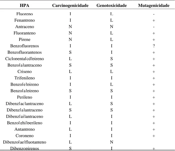 Tabela 2.4. Efeitos carcinogênicos, genotóxicos e mutagênicos de alguns HPA 