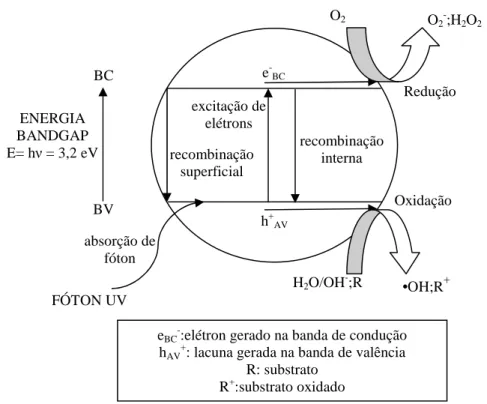 Figura 2.2. Mecanismo simplificado para a fotoativação do catalisador TiO 2    Fonte: Ferreira, 2005
