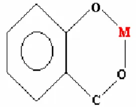 Figura 2.4: Formação de um quelato entre uma hidroxila, um grupo carboxílico e um íon metálico (Vásquez, 1995)