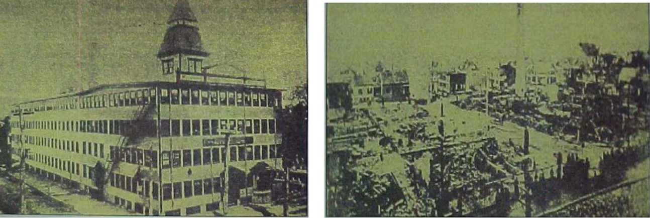 Figura 2.1 Fábrica de sapatos Brocton (Massachusetts) antes (E) e após (D) explosão de uma  caldeira