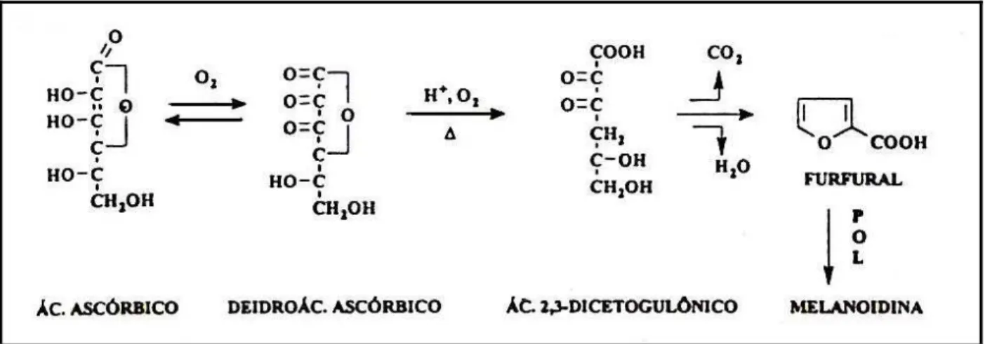 Figura 2.7. Reação de degradação do ácido ascórbico (Araújo, 1999). 