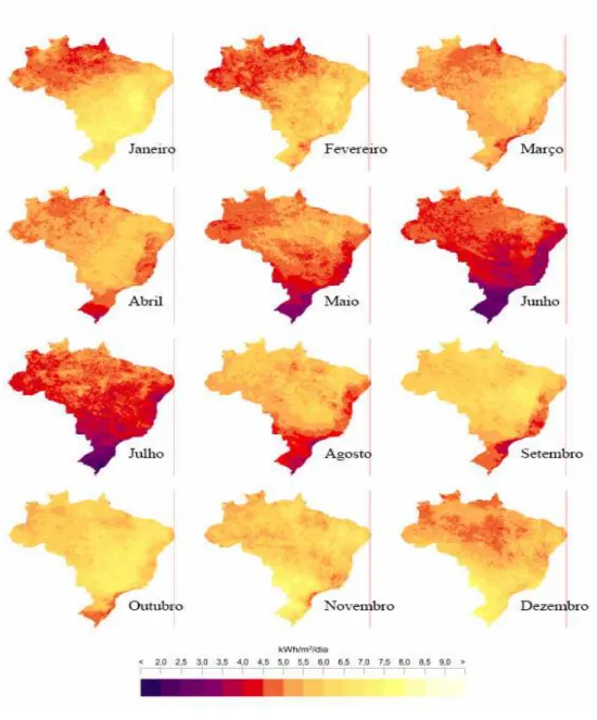 Figura 2.26. Mapas de radiação solar global média mensal para o território brasileiro