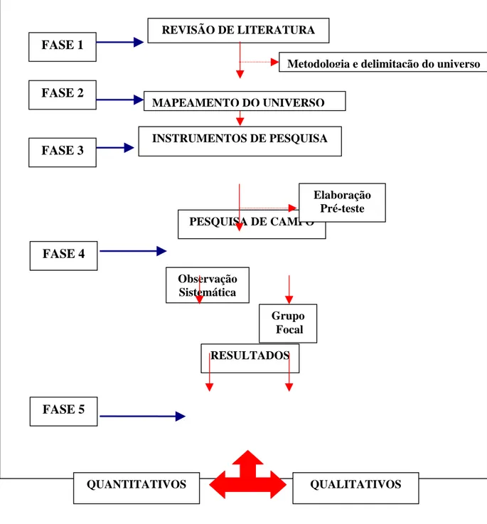 Figura 5 - Fases da  pesquisaREVISÃO DE LITERATURAObservaçãoSistemáticaPESQUISA DE CAMPORESULTADOSINSTRUMENTOS DE PESQUISAMAPEAMENTO DO UNIVERSO