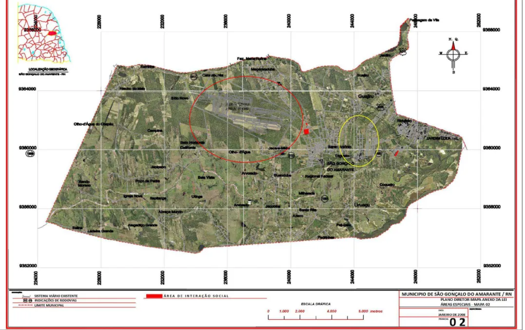 Figura 1  – Mapa identificando a proximidade do novo aeroporto (detalhe em vermelho) com a Comunidade de Guajiru (detalhe em amarelo)