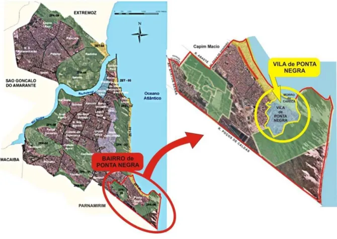 Gráfico 1 - Mapa dos bairros da cidade do Natal-RN, situando a Vila de Ponta Negra.   Fonte: Adaptado da SEMURB (2008-2009)