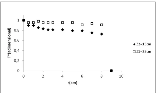 Figura 5.8 - Perfil adimensional de temperatura no leito seco em Z 1 =25 cm e Z 2 =15 cm, U c = 