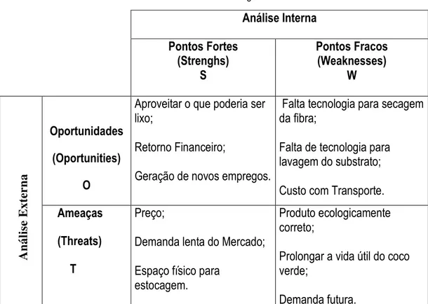 Tabela 5-Matriz de SWOT da agroindústria B  Análise Interna  Pontos Fortes  (Strenghs)  S  Pontos Fracos (Weaknesses) W  e  Oportunidades  (Oportunities)  O 
