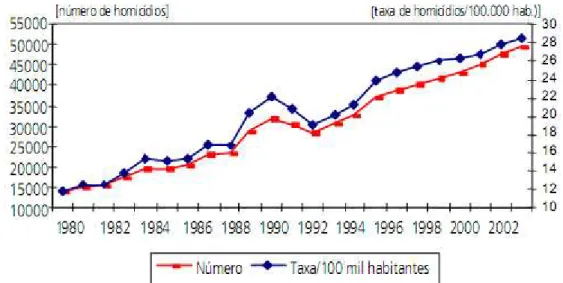 Gráfico  2.2  –  Número  de  óbitos  no  Brasil  decorrentes  de  homicídios  no  período  de  1980 a 2002 