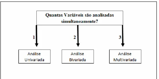 Figura 2.3. Distinção entre análise univariada, bivariada e multivariada.  Fonte – Corrar, Paulo e Dias filho, 2009