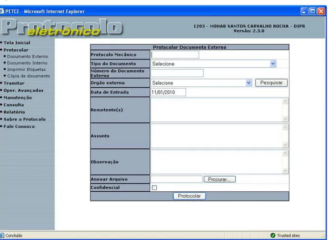 Figura 4 – Tela do módulo “Protocolar documento externo” do sistema PETCE 